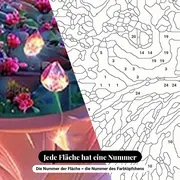 Malen nach Zahlen Pilzhaus in einem Blumengarten – Nahaufnahme der nummerierten Leinwand