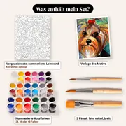 Malen nach Zahlen Yorkshire Terrier mit roter Schleife – Set-Inhalt: vorgezeichnete Leinwand, Farben, Pinsel