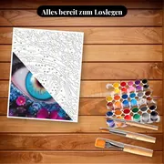 Malen nach Zahlen blaues Auge umgeben von Blumen – Set bereit zum Loslegen auf dem Tisch