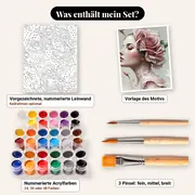 Malen nach Zahlen Frau mit rosa Rosen – Set-Inhalt: vorgezeichnete Leinwand, Farben, Pinsel