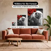 Malen nach Zahlen Cavalier King Charles Spaniel mit Rose – verfügbare Formate im Größenvergleich zu einem Sofa