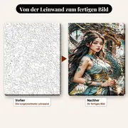 Malen nach Zahlen Frau und orientalischer Drache am Tempel – vorher und nachher: vorgezeichnete Leinwand und fertiges Gemälde