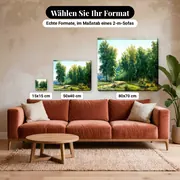 Malen nach Zahlen Waldlichtung mit Bach – verfügbare Formate im Größenvergleich zu einem Sofa