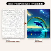Malen nach Zahlen springender Delfin unter dem Mond – vorher und nachher: vorgezeichnete Leinwand und fertiges Gemälde
