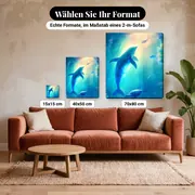 Malen nach Zahlen Delfin im Unterwasserlicht – verfügbare Formate im Größenvergleich zu einem Sofa