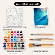 Malen nach Zahlen Delfin unter Wasser mit Korallenriff – Set-Inhalt: vorgezeichnete Leinwand, Farben, Pinsel