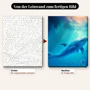 Malen nach Zahlen Delfin unter Wasser mit Korallenriff – vorher und nachher: vorgezeichnete Leinwand und fertiges Gemälde