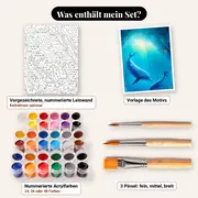 Malen nach Zahlen zwei Delfine und Fischschwarm – Set-Inhalt: vorgezeichnete Leinwand, Farben, Pinsel
