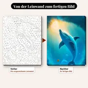 Malen nach Zahlen Delfin unter Wasser in einem Abgrund – vorher und nachher: vorgezeichnete Leinwand und fertiges Gemälde