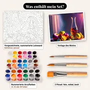 Malen nach Zahlen Stillleben mit Karaffe und Früchten auf dem Tisch – Set-Inhalt: vorgezeichnete Leinwand, Farben, Pinsel