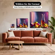 Malen nach Zahlen Stillleben mit Karaffe und Früchten auf dem Tisch – verfügbare Formate im Größenvergleich zu einem Sofa