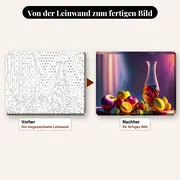 Malen nach Zahlen Stillleben mit Karaffe und Früchten auf dem Tisch – vorher und nachher: vorgezeichnete Leinwand und fertiges Gemälde