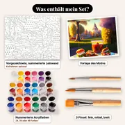 Malen nach Zahlen Essen: Picknick mit Mini-Burgern vor Schloss – Set-Inhalt: vorgezeichnete Leinwand, Farben, Pinsel