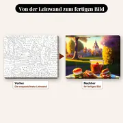 Malen nach Zahlen Essen: Picknick mit Mini-Burgern vor Schloss – vorher und nachher: vorgezeichnete Leinwand und fertiges Gemälde