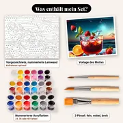 Malen nach Zahlen Erdbeer-Orangen-Cocktail im Sonnenuntergang – Set-Inhalt: vorgezeichnete Leinwand, Farben, Pinsel