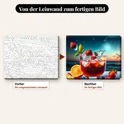 Malen nach Zahlen Erdbeer-Orangen-Cocktail im Sonnenuntergang – vorher und nachher: vorgezeichnete Leinwand und fertiges Gemälde