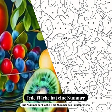 Malen nach Zahlen Obst: Stillleben mit Kiwi, Trauben und Orange – nummerierte Leinwand zum Malen