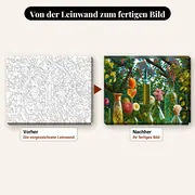 Malen nach Zahlen Glasflaschen und Blumen – vorher und nachher: vorgezeichnete Leinwand und fertiges Gemälde