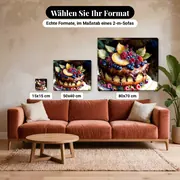 Malen nach Zahlen Essen: Schokoladenkuchen mit roten Früchten – verfügbare Formate im Größenvergleich zu einem Sofa