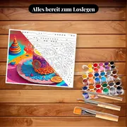 Malen nach Zahlen Teetasse und Gebäck im Pop-Art-Stil – Set bereit zum Loslegen auf dem Tisch
