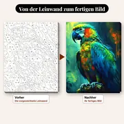 Malen nach Zahlen Papagei: bunter Ara im tropischen Grün – vorher und nachher: vorgezeichnete Leinwand und fertiges Gemälde
