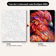 Malen nach Zahlen Phönix – Feuervogel mit buntem Gefieder – vorher und nachher: vorgezeichnete Leinwand und fertiges Gemälde
