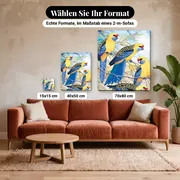 Malen nach Zahlen vier gelb-blaue Sittiche auf Ästen – verfügbare Formate im Größenvergleich zu einem Sofa