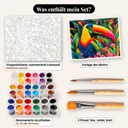 Malen nach Zahlen tropischer Tukan im Blattwerk – Set-Inhalt: vorgezeichnete Leinwand, Farben, Pinsel
