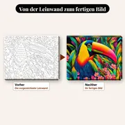 Malen nach Zahlen tropischer Tukan im Blattwerk – vorher und nachher: vorgezeichnete Leinwand und fertiges Gemälde