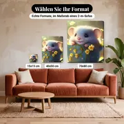 Malen nach Zahlen Maus in einer Blumentasse – verfügbare Formate im Größenvergleich zu einem Sofa