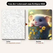 Malen nach Zahlen Maus in einer Blumentasse – vorher und nachher: vorgezeichnete Leinwand und fertiges Gemälde