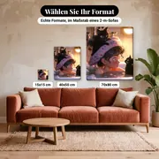 Malen nach Zahlen Mädchen in der Badewanne mit zwei schwarzen Katzen – verfügbare Formate im Größenvergleich zu einem Sofa