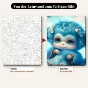 Malen nach Zahlen Baby-Affe in Blau mit Blumenkranz – vorher und nachher: vorgezeichnete Leinwand und fertiges Gemälde
