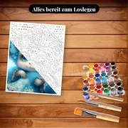 Malen nach Zahlen Baby-Affe in Blau mit Blumenkranz – Set bereit zum Loslegen auf dem Tisch