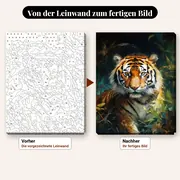 Malen nach Zahlen Tiger im Dschungelwasser – vorher und nachher: vorgezeichnete Leinwand und fertiges Gemälde