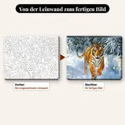 Malen nach Zahlen Tiger rennt durch den Schnee – vorher und nachher: vorgezeichnete Leinwand und fertiges Gemälde