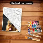 Malen nach Zahlen Golden-Retriever-Welpe mit Spiegelbild – Set bereit zum Loslegen auf dem Tisch