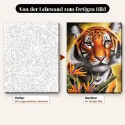 Malen nach Zahlen Tiger und Strelitzien – vorher und nachher: vorgezeichnete Leinwand und fertiges Gemälde