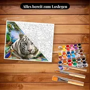 Malen nach Zahlen weißer Tiger und Dschungeltiere – Set bereit zum Loslegen auf dem Tisch