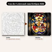 Malen nach Zahlen Micky und Minnie als Glasmalerei – vorher und nachher: vorgezeichnete Leinwand und fertiges Gemälde