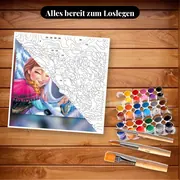 Malen nach Zahlen Eiskönigin – Anna, Elsa und Olaf im Schnee – Set bereit zum Loslegen auf dem Tisch