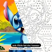 Malen nach Zahlen Lilo &amp; Stitch: Stitch am Strand bei Sonnenuntergang – Nahaufnahme der nummerierten Leinwand