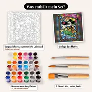 Malen nach Zahlen Micky, Minnie und Pluto als Glasmalerei – Set-Inhalt: vorgezeichnete Leinwand, Farben, Pinsel