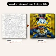 Malen nach Zahlen Dagobert Duck Pop-Art Bitcoin – vorher und nachher: vorgezeichnete Leinwand und fertiges Gemälde