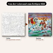 Malen nach Zahlen 101 Dalmatiner im Schnee – vorher und nachher: vorgezeichnete Leinwand und fertiges Gemälde