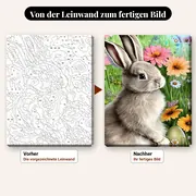 Malen nach Zahlen Hase auf einer Blumenwiese – vorher und nachher: vorgezeichnete Leinwand und fertiges Gemälde