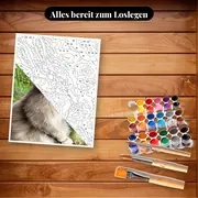 Malen nach Zahlen Hase auf einer Blumenwiese – Set bereit zum Loslegen auf dem Tisch