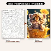 Malen nach Zahlen Baby-Tiger in einer Tasse – vorher und nachher: vorgezeichnete Leinwand und fertiges Gemälde