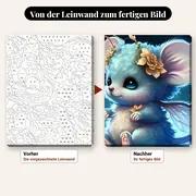 Malen nach Zahlen Fee: Blaue Maus mit Feenflügeln auf Leinen – vorher und nachher: vorgezeichnete Leinwand und fertiges Gemälde
