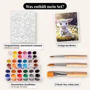 Malen nach Zahlen weißer Hase in einem Korb mit Blumen – Set-Inhalt: vorgezeichnete Leinwand, Farben, Pinsel